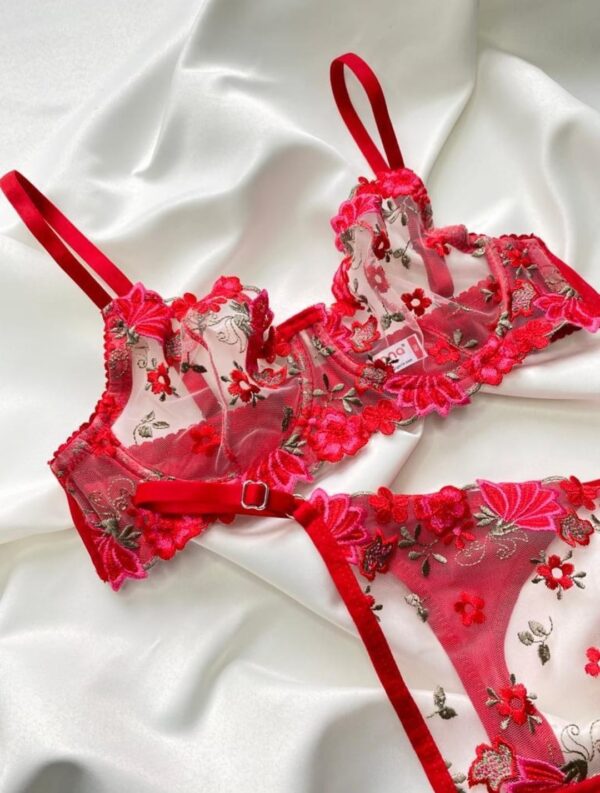 Cheryy KırmızI Dantelli Çicek Nakışlı Bralette Takım (Sütyen & Tanga) - Görsel 3
