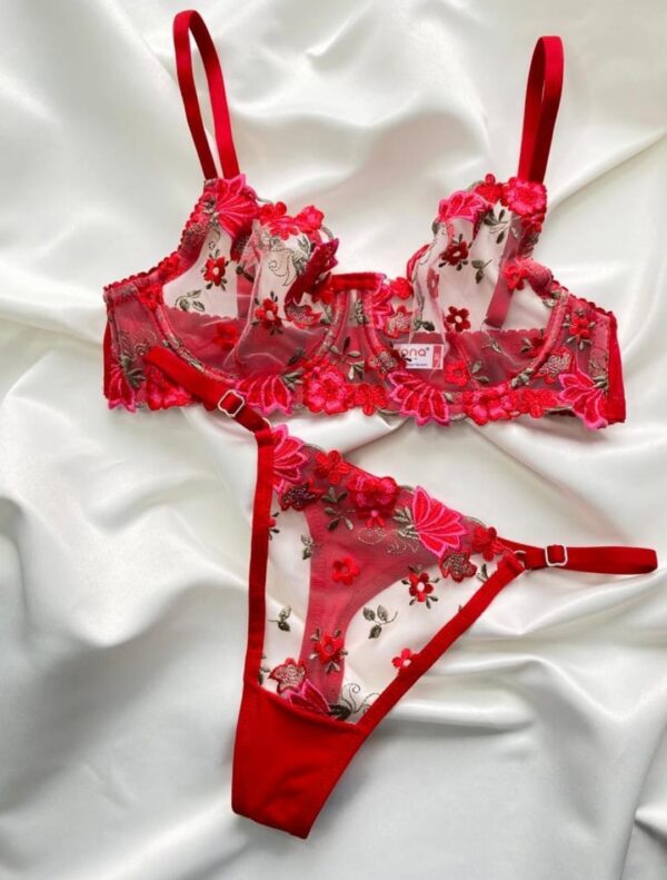 Cheryy KırmızI Dantelli Çicek Nakışlı Bralette Takım (Sütyen & Tanga) - Görsel 4
