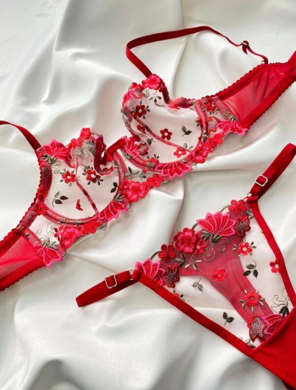Cheryy KırmızI Dantelli Çicek Nakışlı Bralette Takım (Sütyen & Tanga)